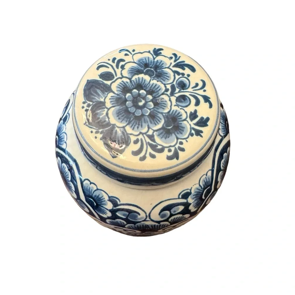 Vintage 1960s Danish Delft Fine Porcelain Ginger Jar With Lid